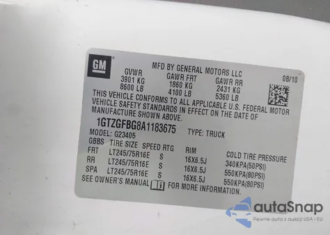 2010 GMC Savana 2500 Work Van z USA, uszkodzony, nr VIN 1GTZGFBG8A1183675